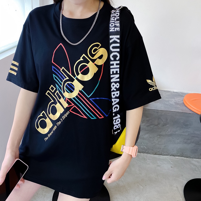 Adidas Short-sleeved Female Clover Large Logo Full Print Summer T-shirt Men's Round Neck Casual Loose Top Couple T-shirt