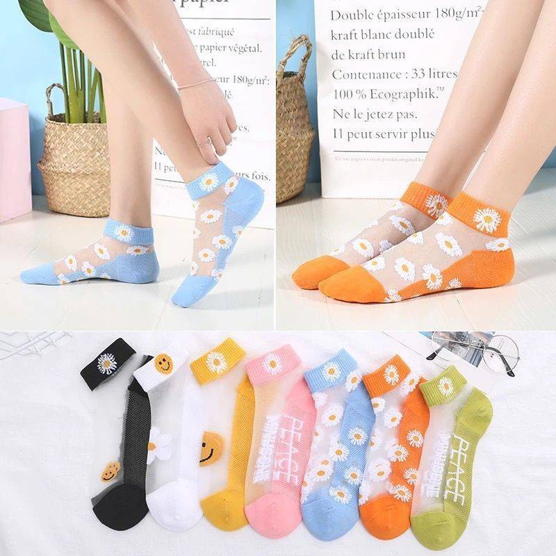 Vớ Cotton Lụa Lạnh Cổ Ngắn Chống Trượt Họa Tiết Hoa Cúc Dễ Thương Cho Nữ