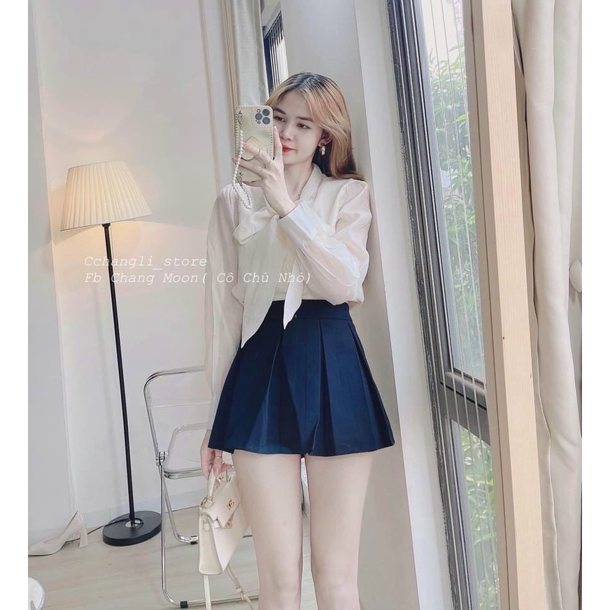 Áo sơ mi nữ cột nơ 2 màu trắng be chất đẹp 2 lớp
