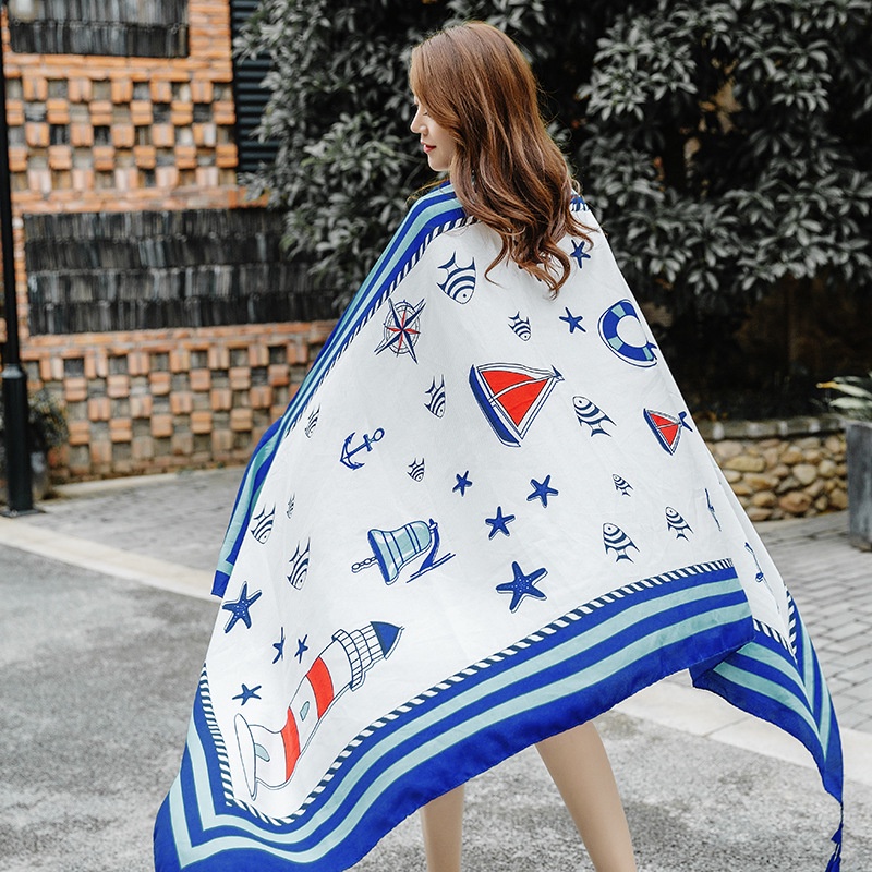 Khăn choàng đi biển xanh hoạ tiết biển, khăn boho choàng chống nắng đi biển