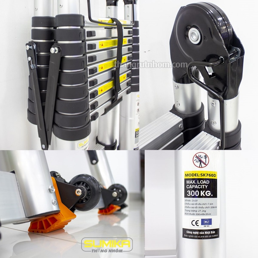Thang nhôm rút chữ A Sumika SK760D, Thang Rút Nhôm Sumika, Công Nghệ Nhật Bản  - tải 300kg, BH 24 tháng