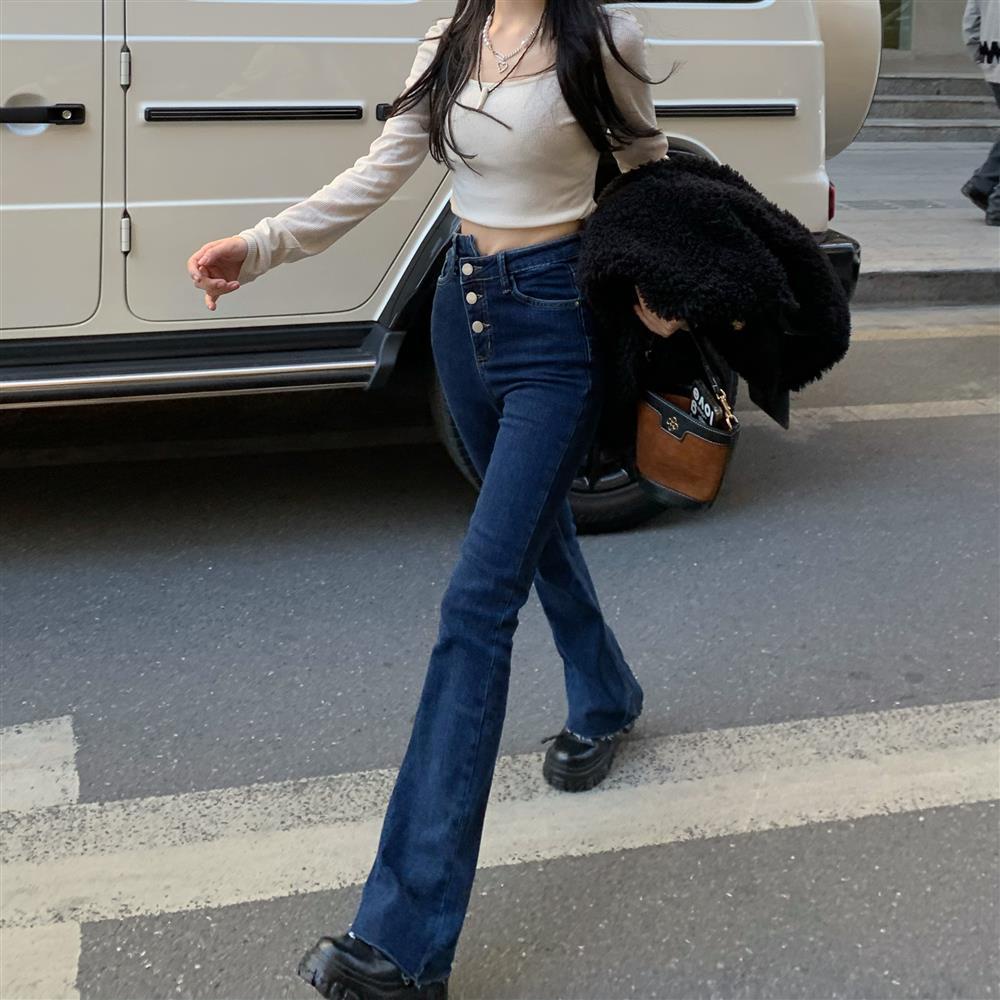 Quần Jeans Đen Lưng Cao Ống Loe Ôm Dáng Thời Trang Thu Đông Dành Cho Nữ