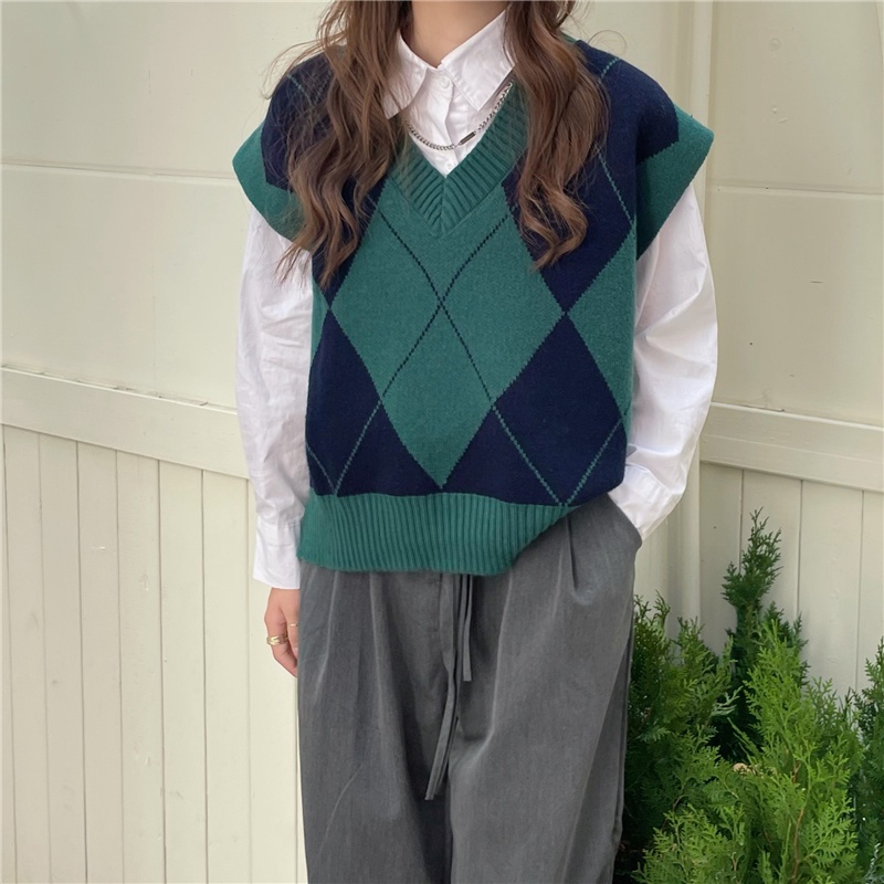 Áo khoác ghi lê dệt kim cổ chữ V dáng rộng đính kim cương cổ điển dễ phối đồ phong cách Hàn Quốc cho nữ