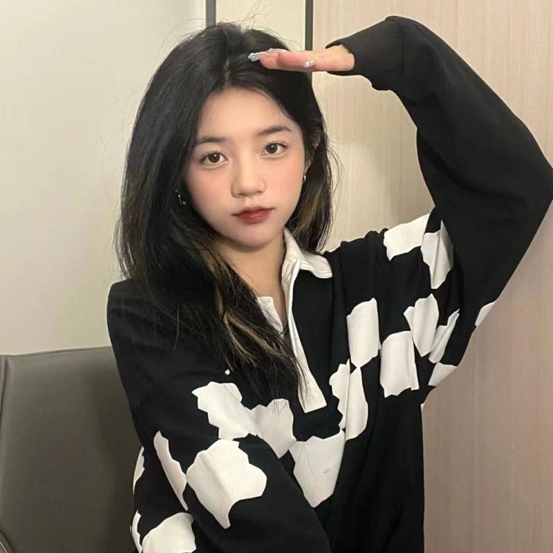 Áo Sweater Tay Dài Cổ Polo In Họa Tiết Caro Màu Tương Phản Phong Cách Retro Thời Trang Cho Nữ