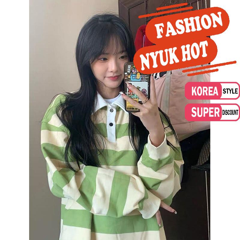 Áo Sơ Mi Tay Dài Cổ Polo Form Rộng Họa Tiết Kẻ Sọc Thời Trang Hàn Quốc Cho Nữ | BigBuy360 - bigbuy360.vn