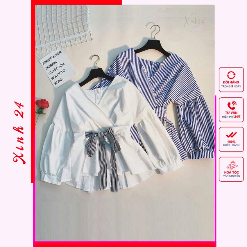 Áo sơ mi nữ tay cổ chữ V, kiểu tay phồng ngọt ngào và xinh xắn