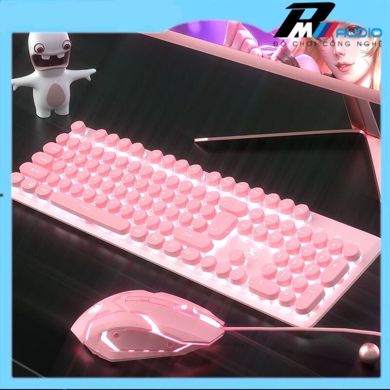 Bàn phím máy tính kèm chuột K620 nút tròn Full màu hồng tích hợp LED xuyên chữ cao cấp bảo hành 6 tháng- BMVAUDIO