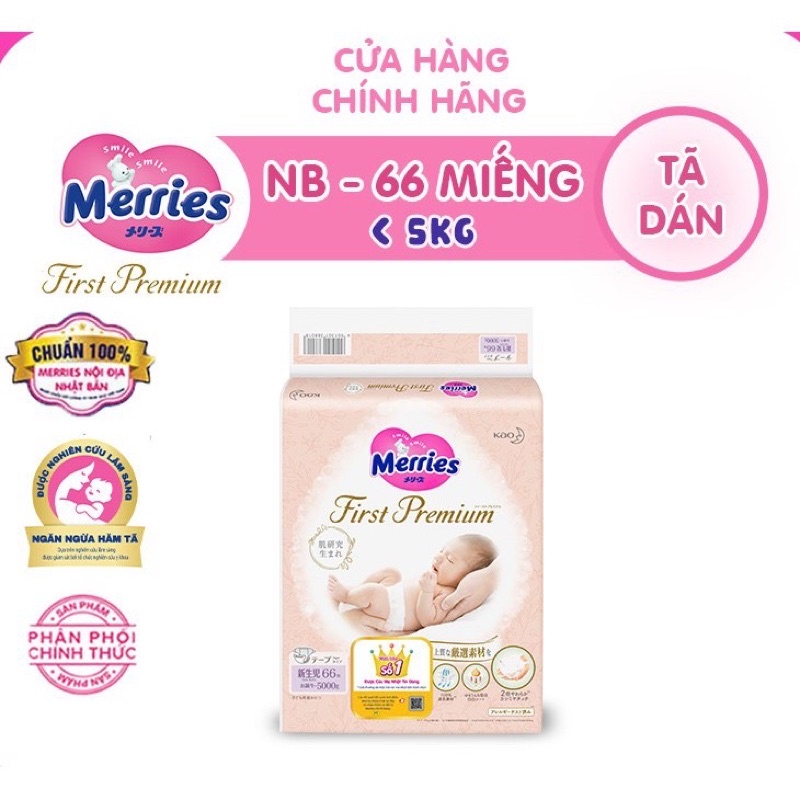 Bỉm / Tã dán Merries First Premium NB66 / S60 / M48 - Chính hãng