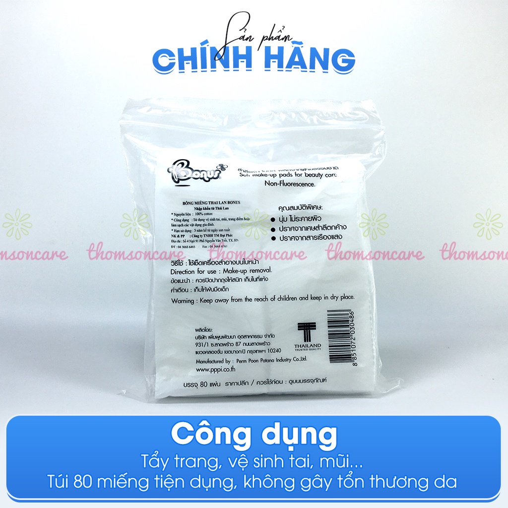 Bông tẩy trang Bonus gói 80 miếng vuông từ Thái Lan Pure Cotton Pads từ bông gòn tự nhiên