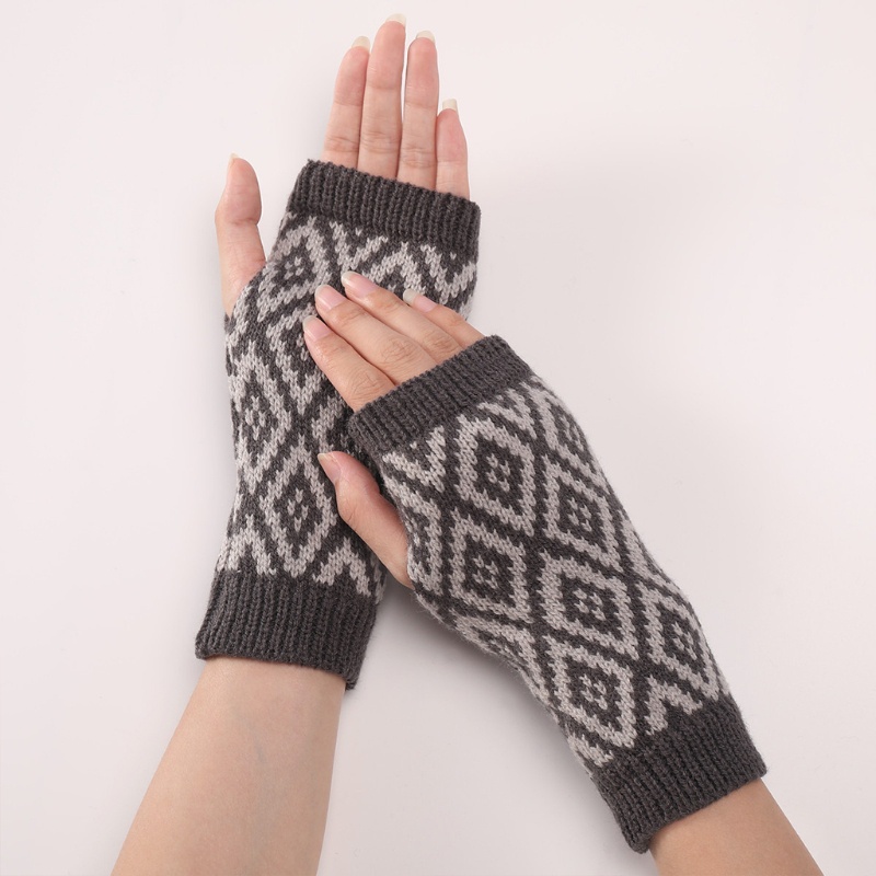 Han Găng Tay Dệt Kim Hở Ngón Co Giãn Hình Học Đơn Giản Giữ Ấm Cho Nữ Hoạt Động Ngoài Trời