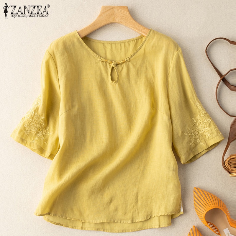 Áo thun cotton tay lửng cổ tròn ZANZEA đơn giản dành cho nữ