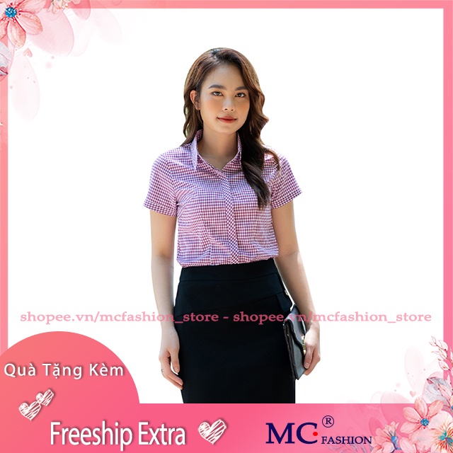 Áo Sơ Mi Nữ Công Sở Mc Fashion, Tay Ngắn Cộc, Kẻ Sọc Caro, Màu Xanh, Tím, Hồng, Tím than, Đỏ A652