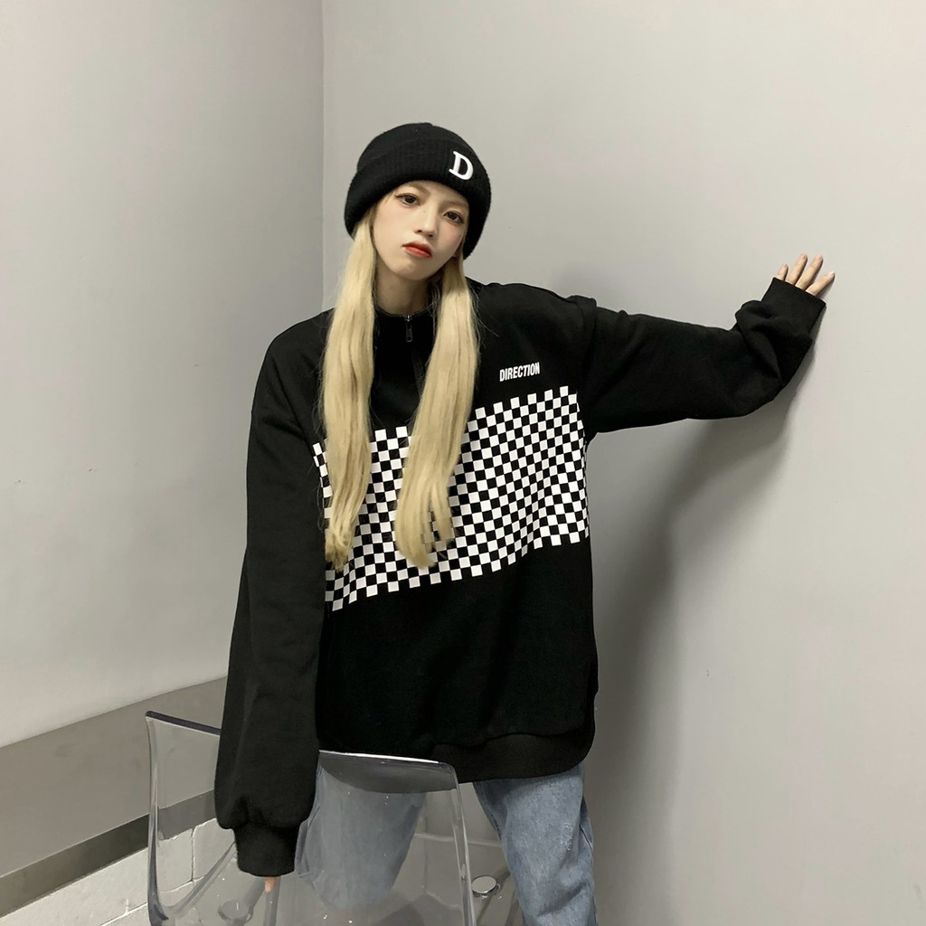 Áo Sweater Nỉ Nữ VIETSTAR áo polo nỉ cổ kéo khoá Ulzzang form rộng Hàn Quốc Ô VUÔNG | BigBuy360 - bigbuy360.vn
