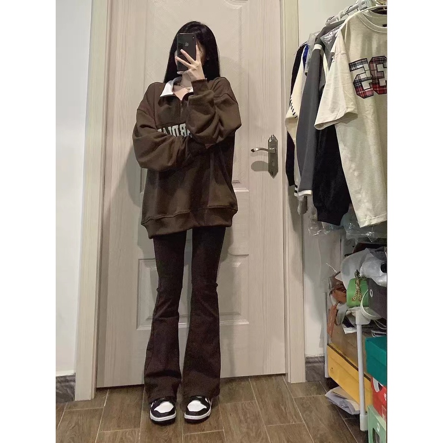 Áo Sweater Cổ polo Dáng Rộng In Chữ Phong Cách Retro Mỹ 2021