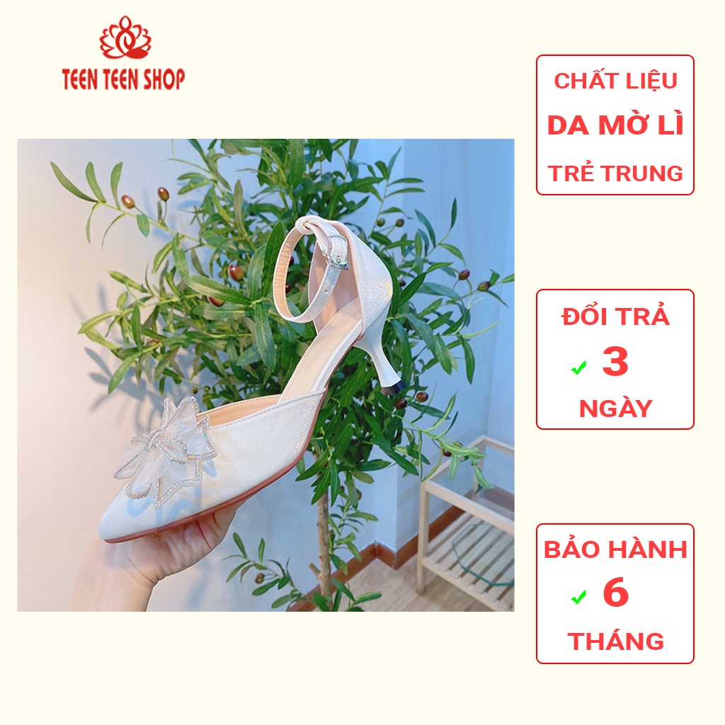 Sandal nữ cao gót 6 phân có đính nơ đá chất lượng giá rẻ, Giầy cao gót nữ Teen Teen khoét eo có quai hậu MÃ SDC006