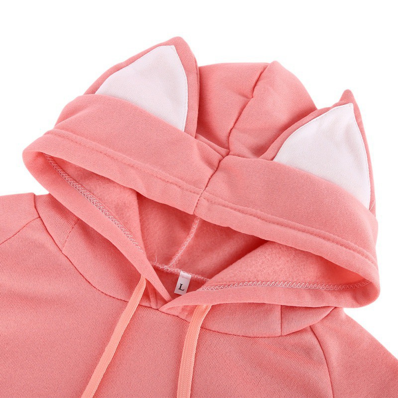 Áo Khoác Hoodie Dáng Rộng Phối Dây Rút Đính Tai Mèo Đáng Yêu Cho Nữ Mùa Thu