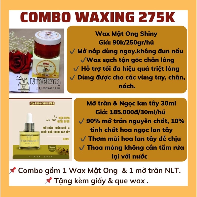 Combo sáp wax lạnh mật ong Shiny &amp; mỡ trăn ngọc lan tây 100% lành tính, triệt lông tay, chân nách