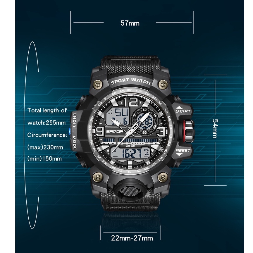 Đồng Hồ Thể Thao Sanda Chống Thấm Nước 5ATM Có Đèn LED Màu Xanh Lá Phong Cách Quân Đội Cho Nam 3133