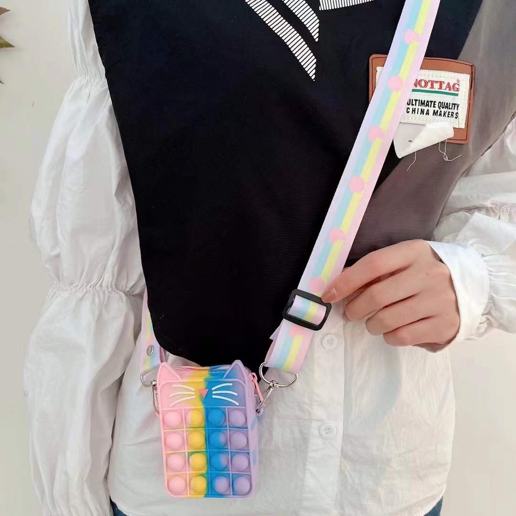 Ví Silicon Đựng Tiền Xu Hình Mặt Mèo Màu Cầu Vồng Dễ Thương Cho Bé Gái