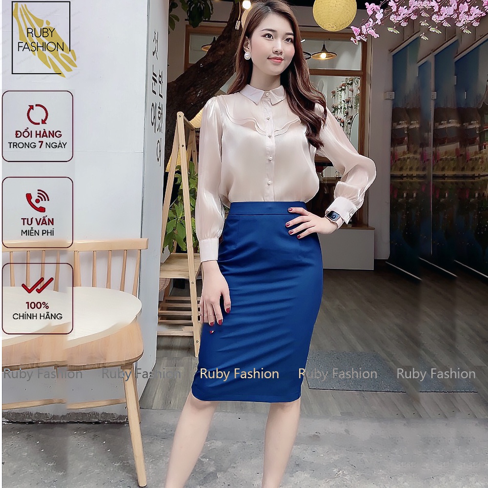 Chân váy bút chì Ruby Fashion cạp cao, có lớp lót ,dáng công sở xẻ sau- Xanh