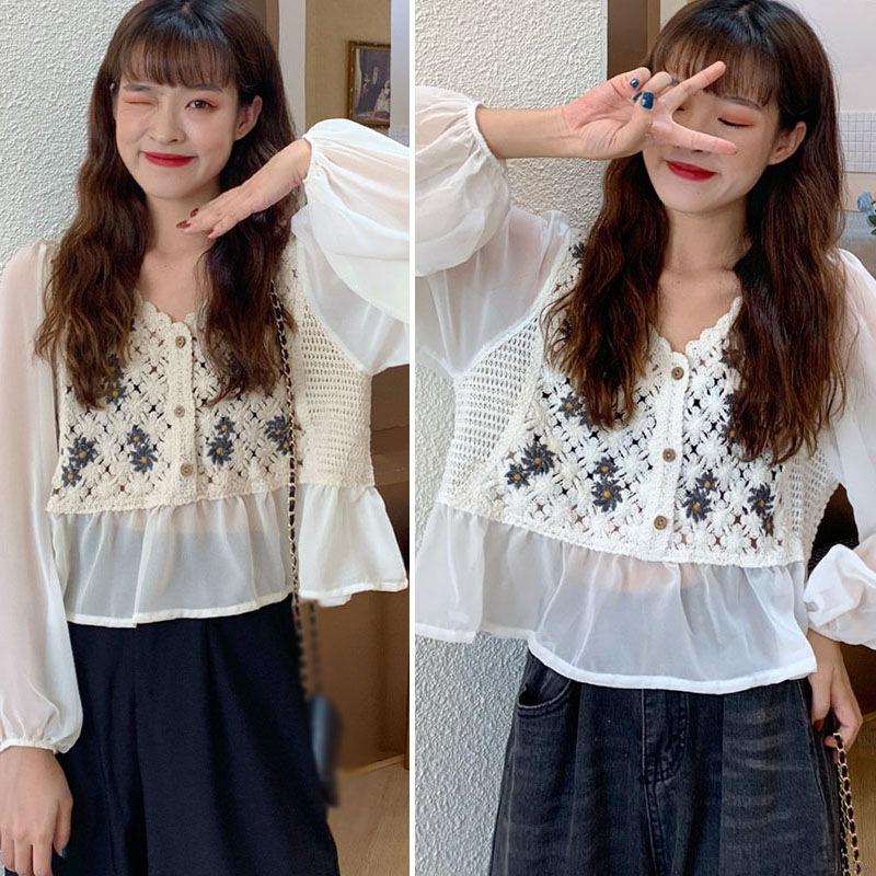 Áo Kiểu Chất Chiffon Tay Dài Thiết Kế Thanh Lịch Phong Cách Hàn Quốc