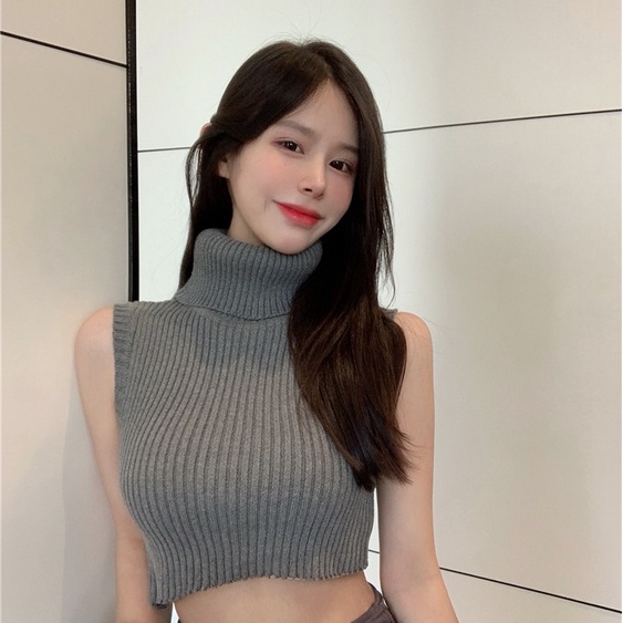 Áo dệt kim không tay cổ lọ màu sắc đơn giản thời trang cho nữ