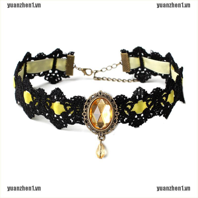 [YUANZHEN1] Vòng Cổ Choker Ren Đen Đính Pha Lê Phong Cách Gothic Cổ Điển