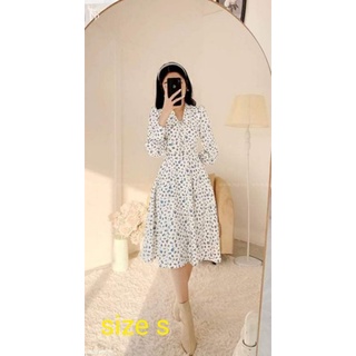 Váy Lép cổ sơ mi tay dài nhung tăm hoa xanh size s