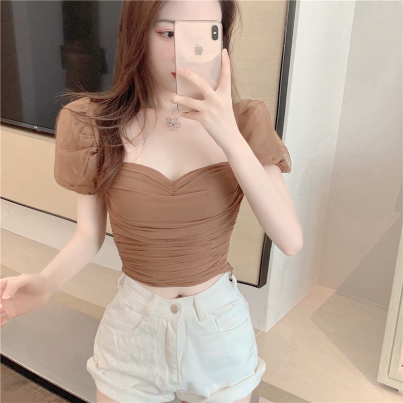 [Mã WASKT410K giảm 10K đơn 50K] Áo Croptop Lưới Tay Phồng Cúp Ngực (NUDE) | BigBuy360 - bigbuy360.vn
