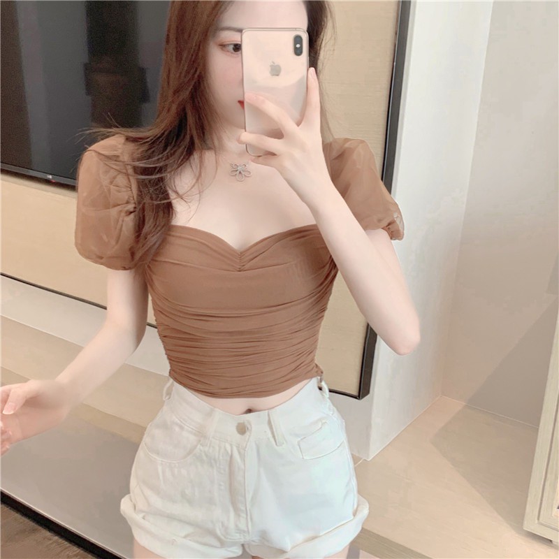 [Mã SKAMSALE06 giảm 10% tối đa 100K đơn 150K] Áo Croptop Lưới Tay Phồng Cúp Ngực (NUDE)