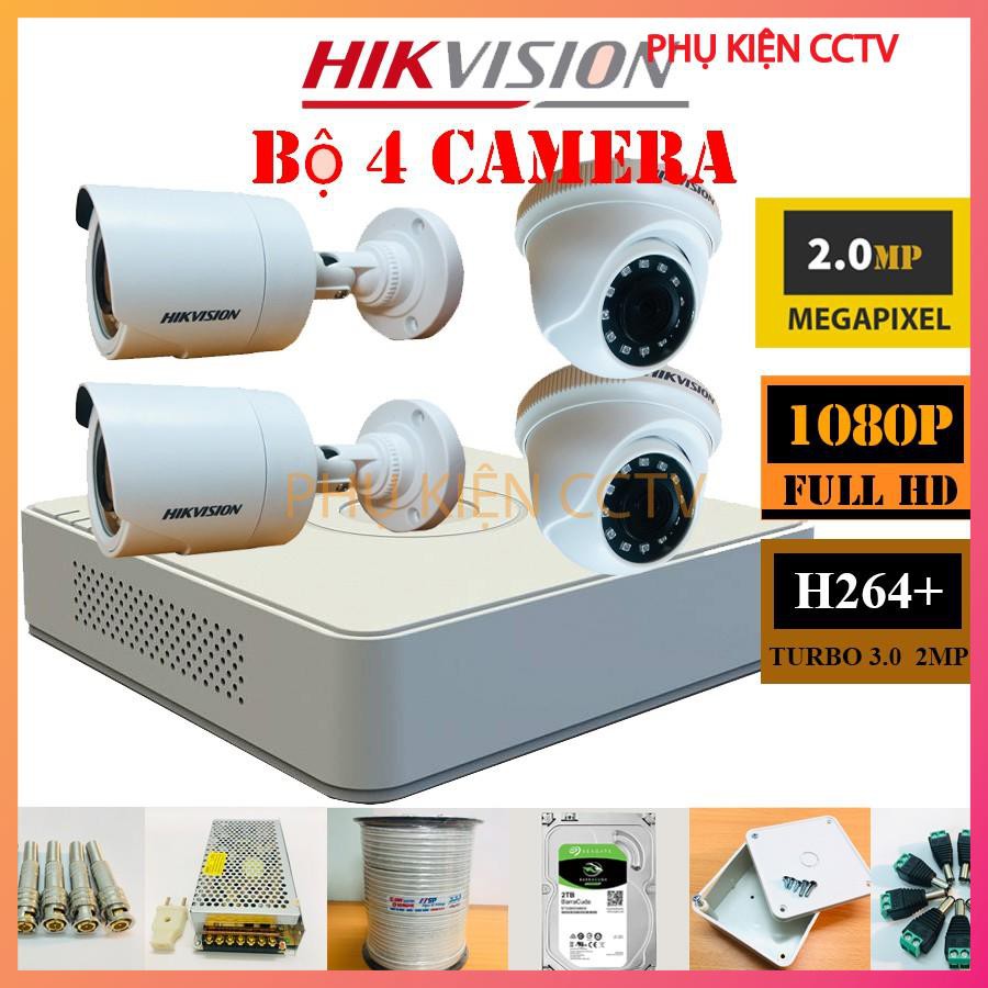 Trọn  Bộ Camera 4 Mắt Hikvision Chính Hãng 2Mp Full HD 1080P (FULL PHỤ KIỆN LẮP ĐẶT), Ổ Cứng tùy chọn