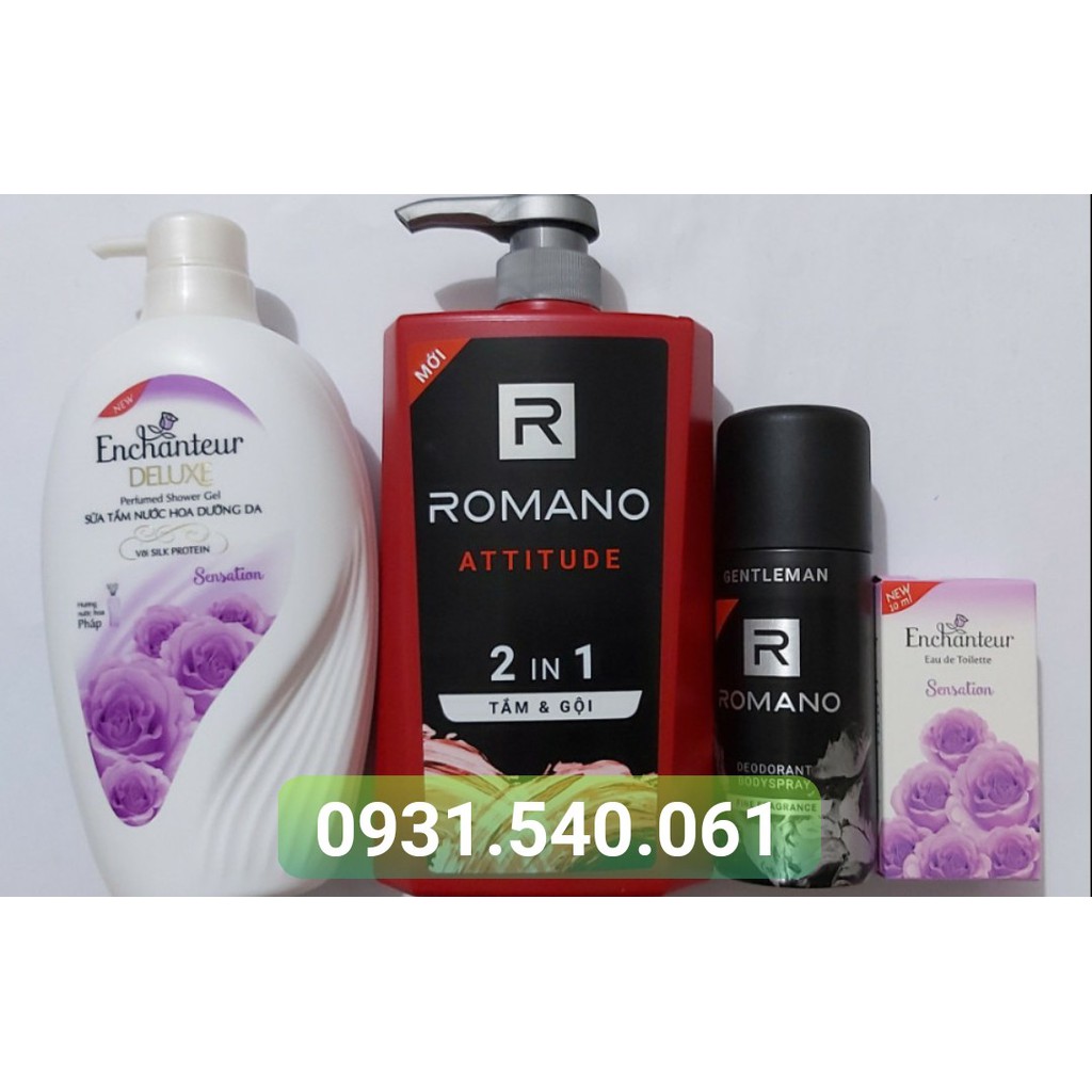 HÀNG MỚI_ COMBO TRỌN BỘ ( SỮA TẮM ENCHANTUER 650G+ NƯỚC HOA 10ML+ ROMANO RIN1 650G + XỊT GENTLEMAN 150ML).