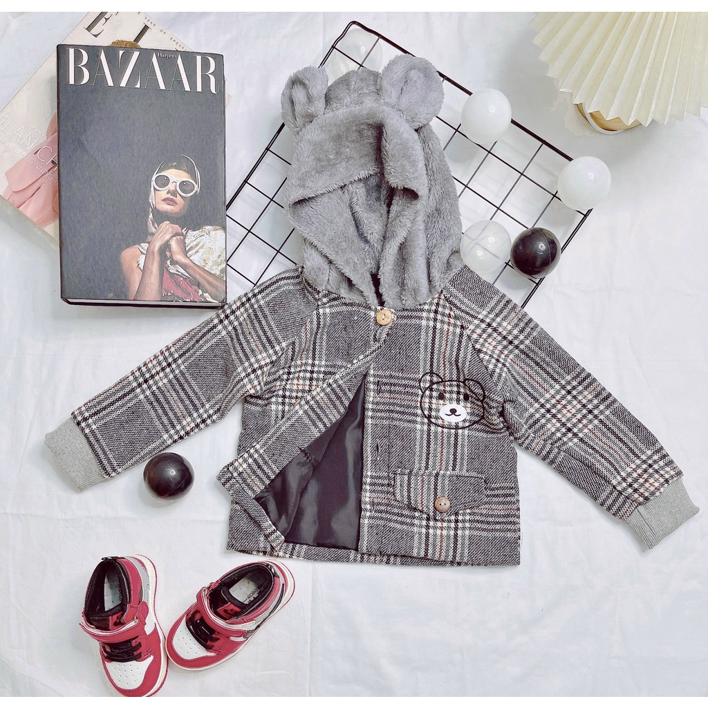 Áo Khoác Dạ Kẻ Mũ Tai Gấu Chất Đẹp AM411 Cho Bé Trai Và Bé Gái TTR135