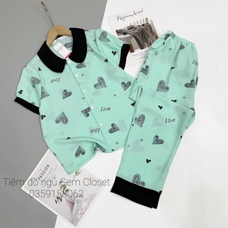 Lụa Mango - Bộ mặc nhà pijama áo cộc quần dài cổ sen lụa mango kiểu dáng dễ thương (Ảnh thật 100%)