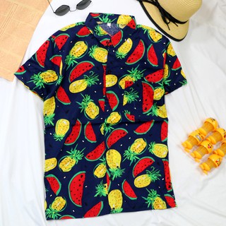 Áo Hawai áo trái cây đi biển mẫu dưa hấu dứa vải kate cotton