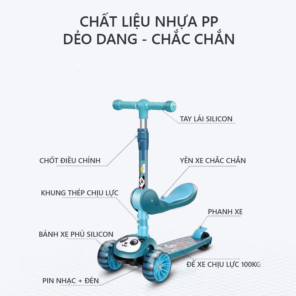 Xe Trượt, Xe tròi chân Scooter có nhạc có đèn led 3 Trong 1, Bánh Phát Sáng Cho Bé Từ 3 - 8 Tuổi Tải Trọng Lên Đến 100kg