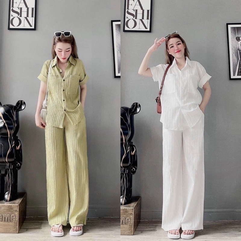 [HÀNG QUẢNG CHÂU LOẠI 1]Set Bộ Đồ Nữ Áo Sơ Mi Đũi Gân Ngắn Tay Mix Quần Culottes Ống Rộng Cạp Chun Freesize Form Rộng