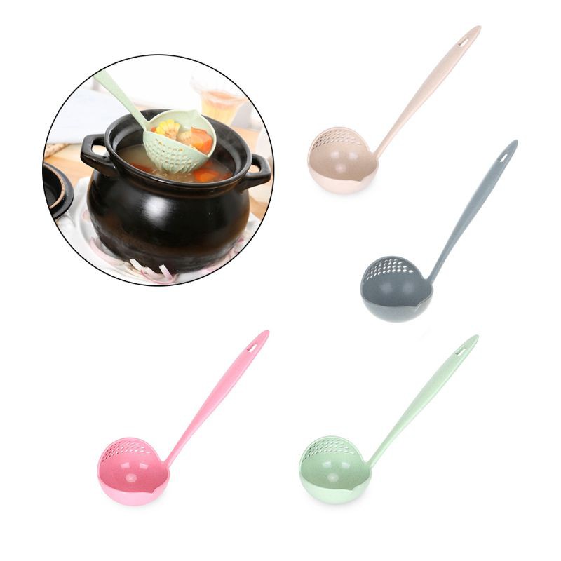 ❤❤ 2 in 1 Wheat Straw Long Handle Soup Spoon Home Kitchen Porridge Ladle Filter