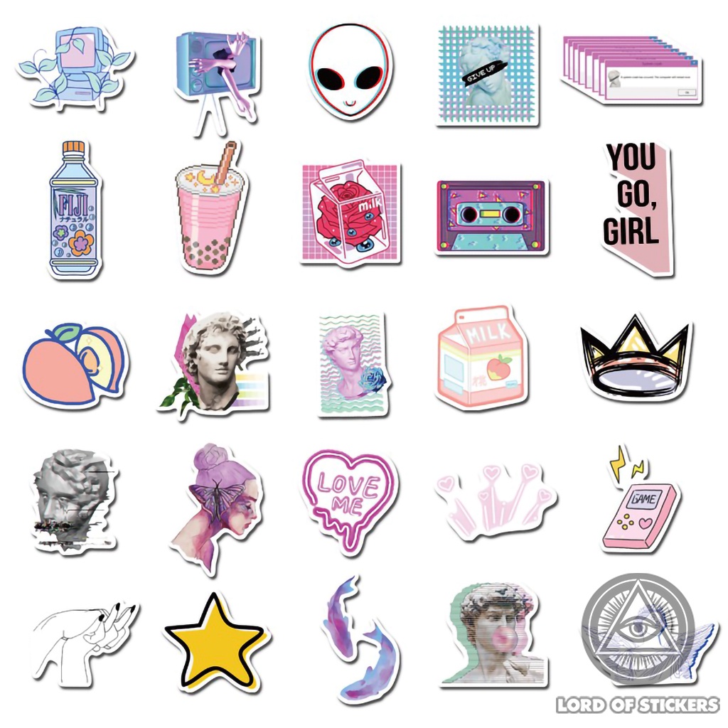 Set 50 Nhãn Dán Retro Aesthetic Lofi Sticker Phong Cách Hoạt Hình Chống Thấm Nước Trang Trí Mũ Bảo Hiểm, Sổ Dễ Thương