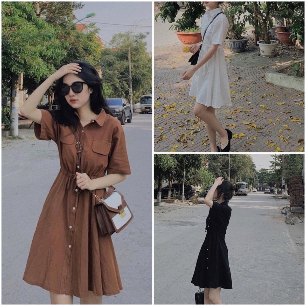 Váy sơ mi cộc tay cổ đức túi hộp dây rút eo, đầm suông dáng ngắn Hàn Quốc