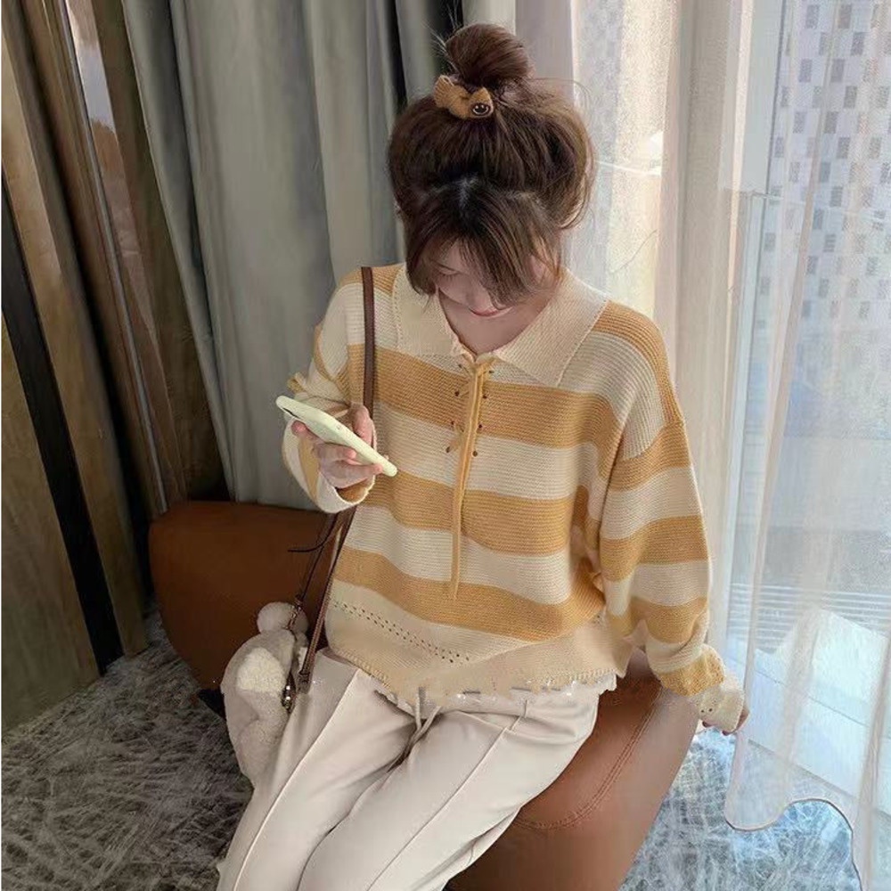 Áo Sweater Dệt Kim Dáng Rộng Họa Tiết Kẻ Sọc Thời Trang Thu Đông Mới Cho Nữ