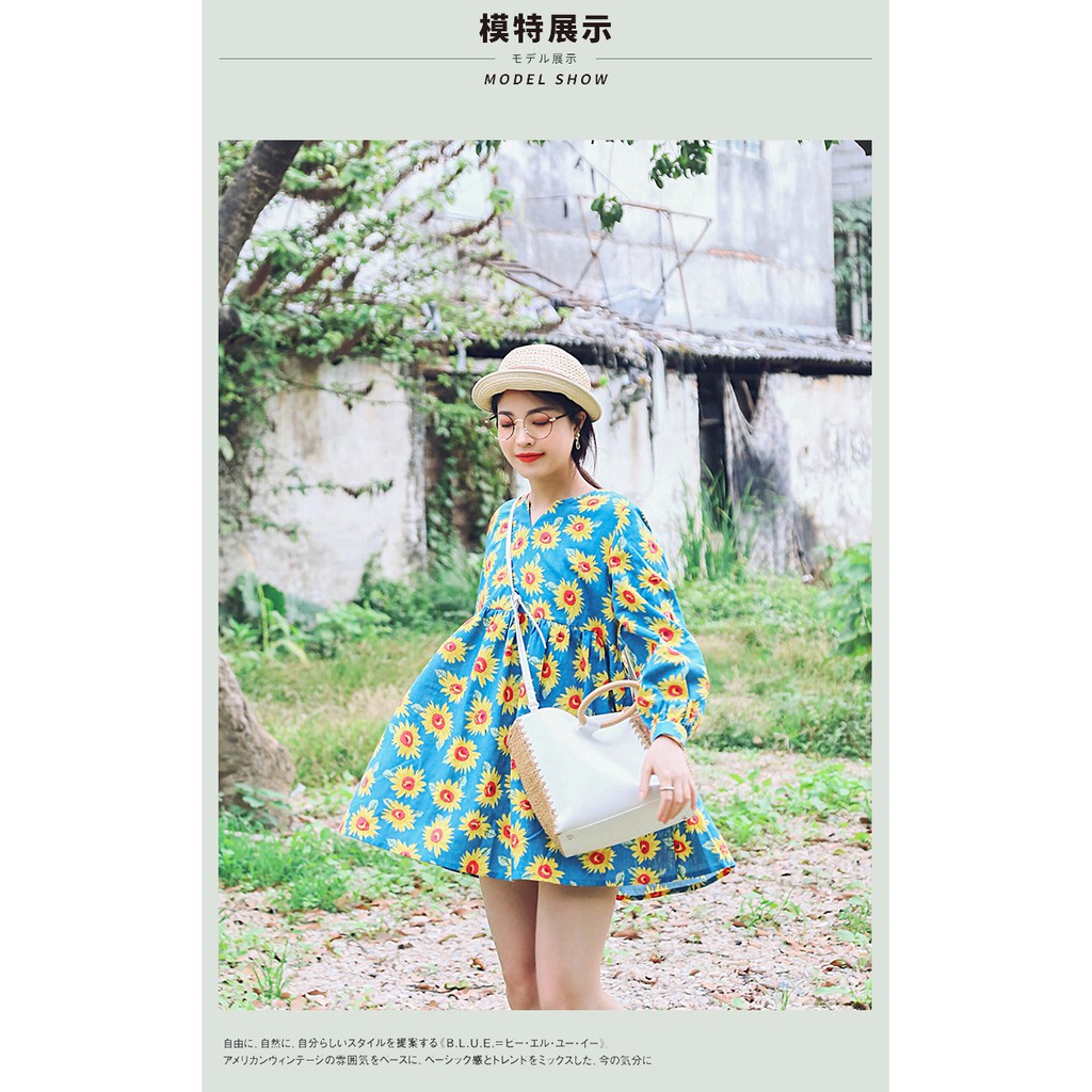 Đầm Keiko babydoll hoa hướng dương nền xanh dáng rộng siêu xinh siêu cute hàng Quảng Châu loại 1