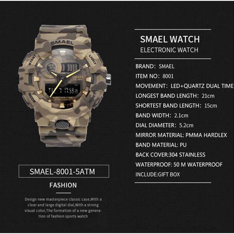 SMAEL Men Quartz Watch Camouflage Dual Display Sport Watches