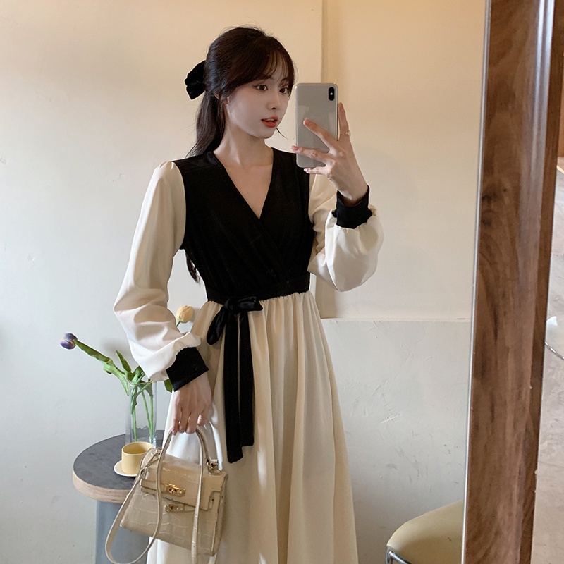 Đầm Cổ Chữ V Thắt Nơ Màu Sắc Tương Phản Thời Trang Mùa Thu Cho Nữ