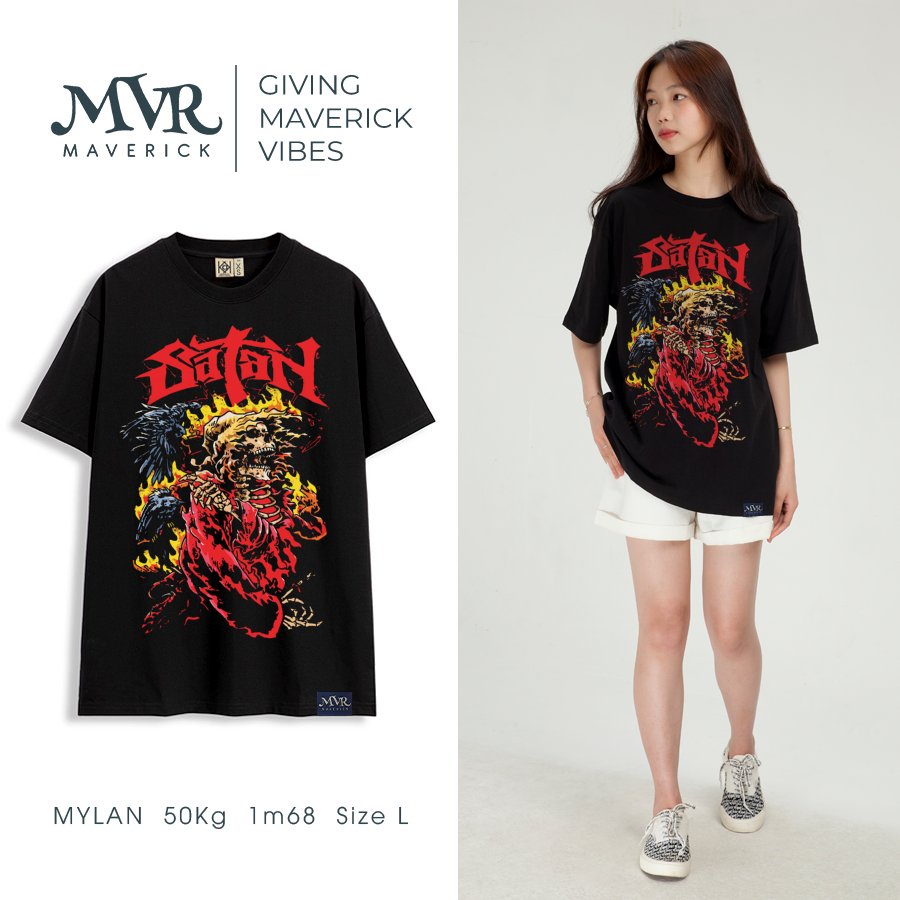 Áo thun trắng form rộng unisex tay lỡ satan cực ngầu MVR size rộng tee Mỹ BB4272