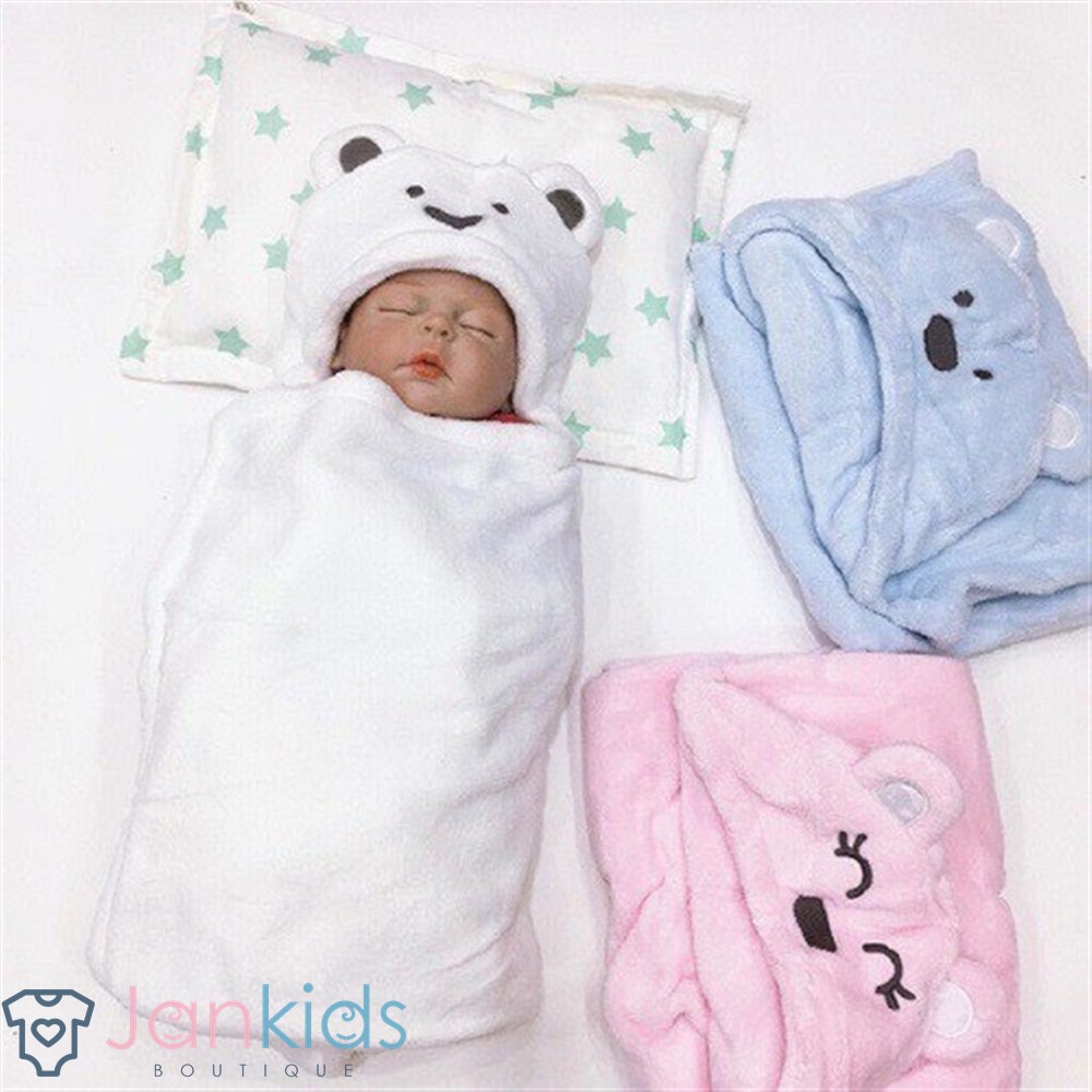 Chăn ủ sơ sinh hình gấu có mũ/ khăn choàng ủ minizon cho bé