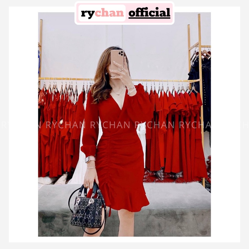Đầm Xòe Đắp Chéo Rút Sườn 2 Màu Trắng Đỏ - DX9979