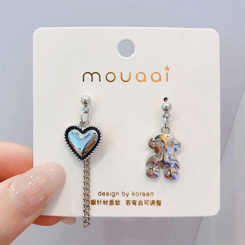 Khuyên Tai Bạc Hình Gấu Và Trái Tim Thời Trang Cá Tính