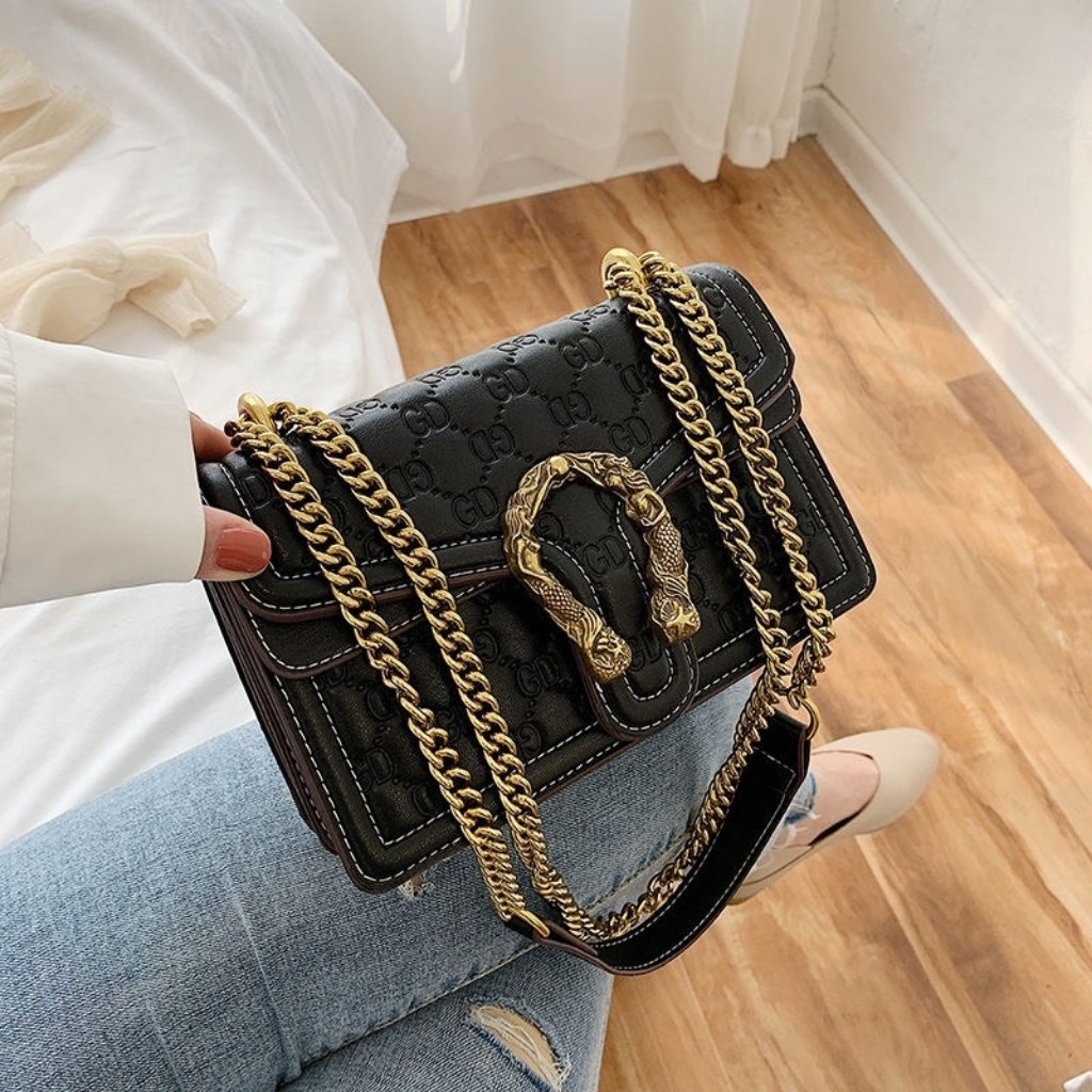 Túi Xách Nữ đầu rồng khóa đồng 3 ngăn size 22 da mềm Túi Đeo Chéo Nữ dập vân chìm dây da mix xích