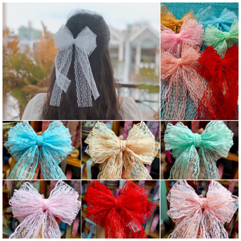 B150 - Cặp tóc nơ ren trắng tiểu thư